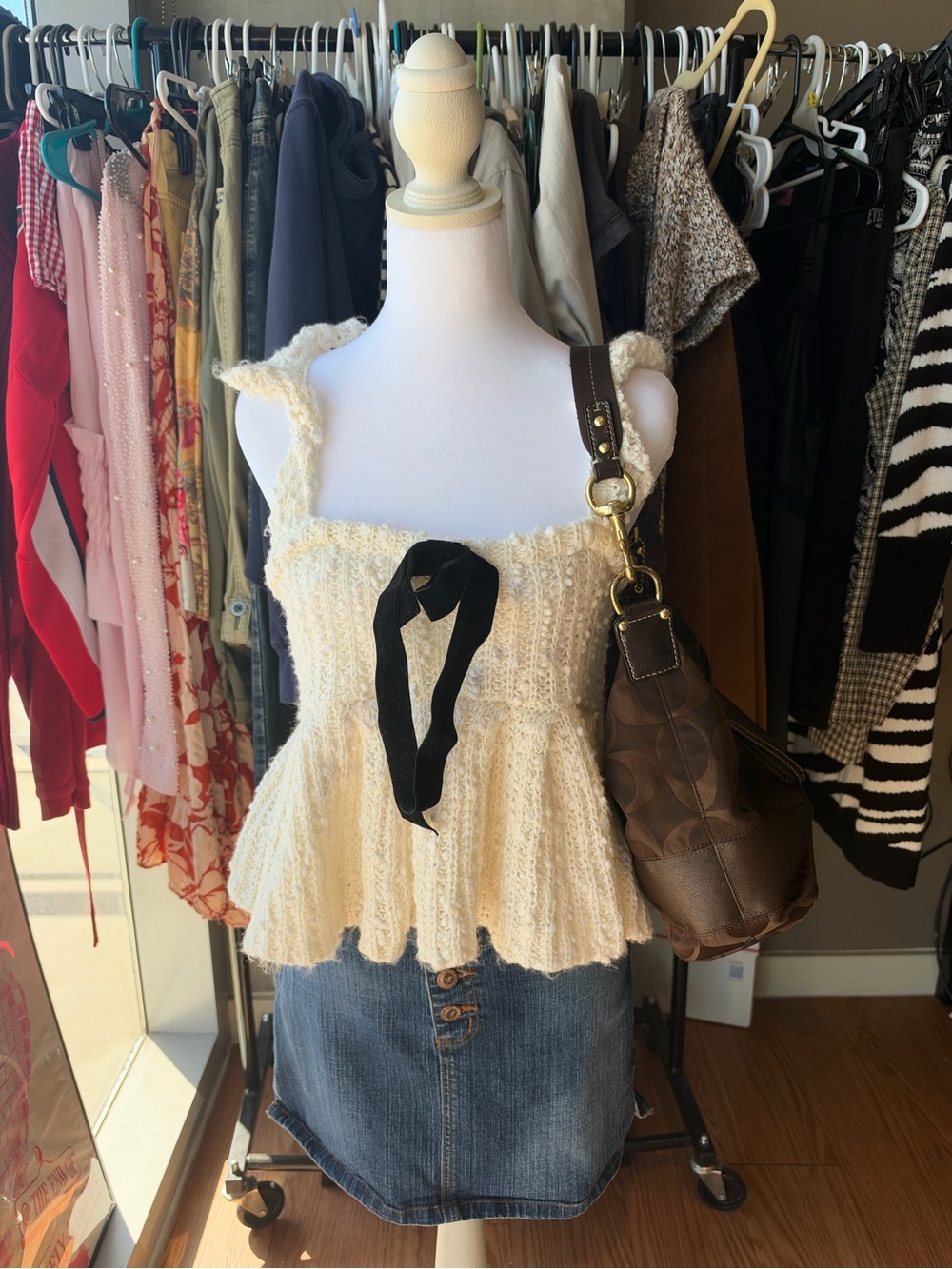 Kimchi Blue Cream Textured Ruffle Camisole with Black Bow